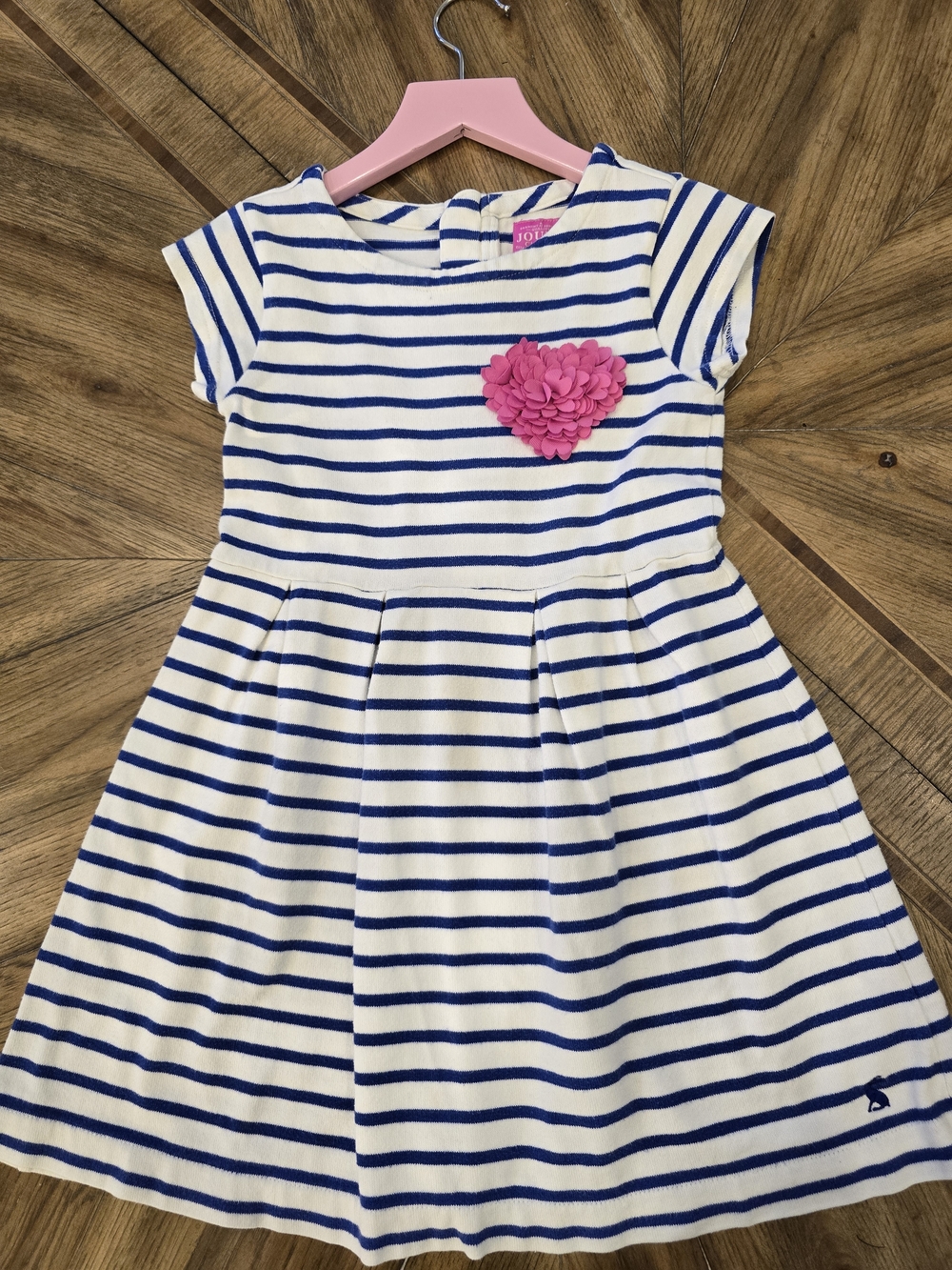 Joules Girls' Cotton White & Blue Striped Dress with Pink Flower Accent